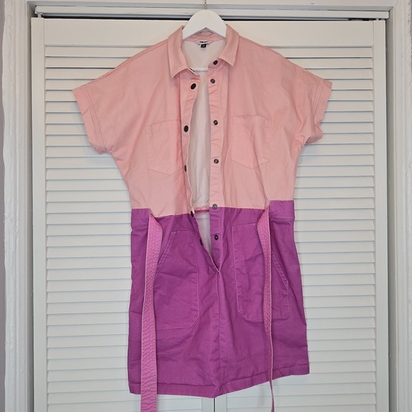 THE KIT Cargo Dress SS Dottie Blush Pink‎ Colorblock Women Medium Relaxed Cotton - Picture 10 of 16